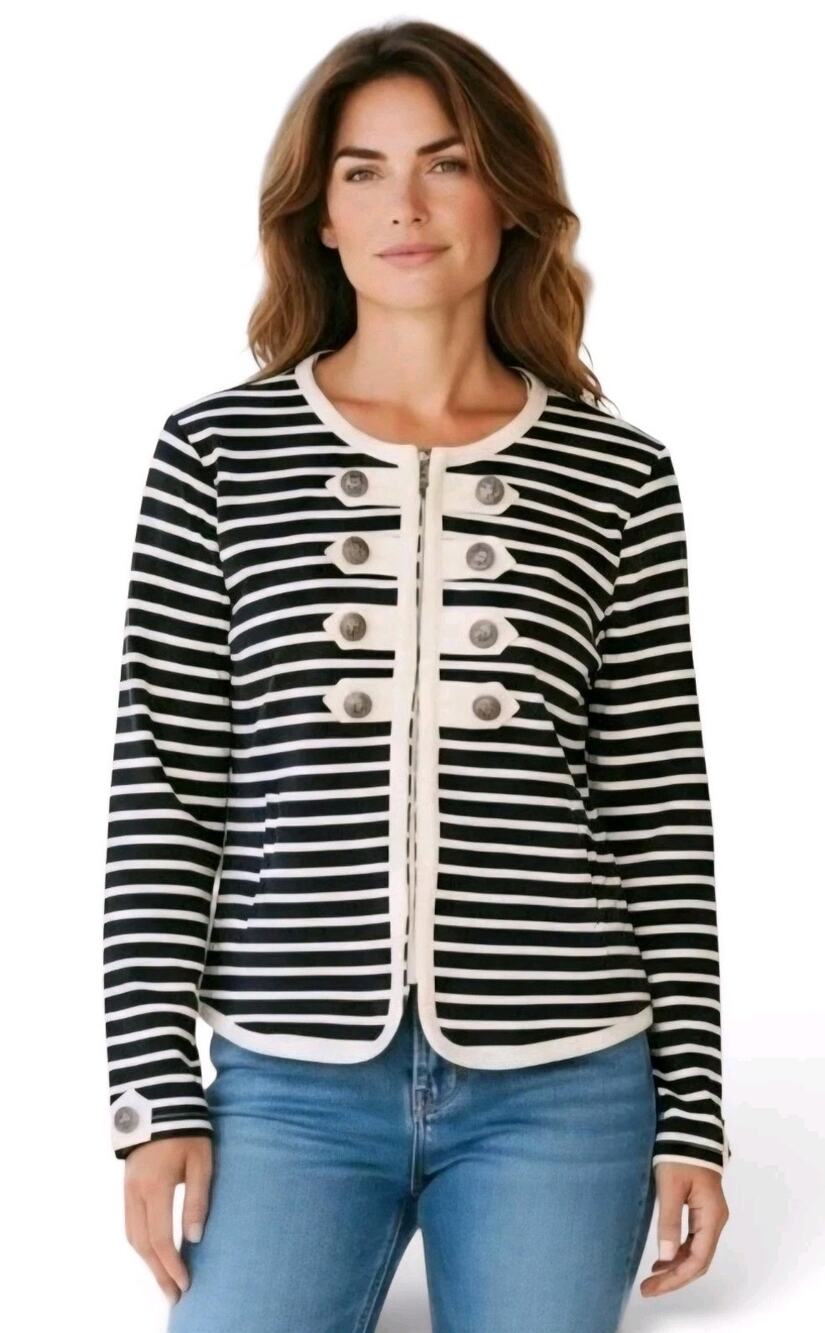 Clothes by REVUE Zipup Front Shirt Jacket Nautical Black Cream Stripes Size XL